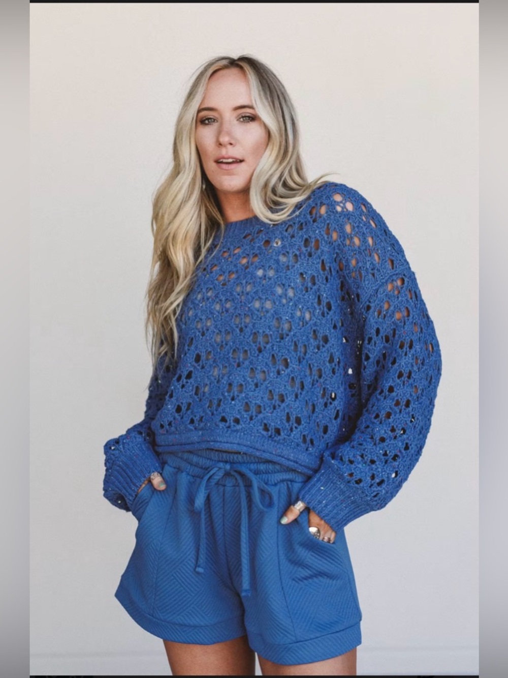 Zenana Blue Open-Knit Crewneck Sweater, tank and shorts set